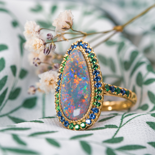 14k Yellow Gold White Opal with Sapphire Cluster Ring - Dianna Rae Jewelry