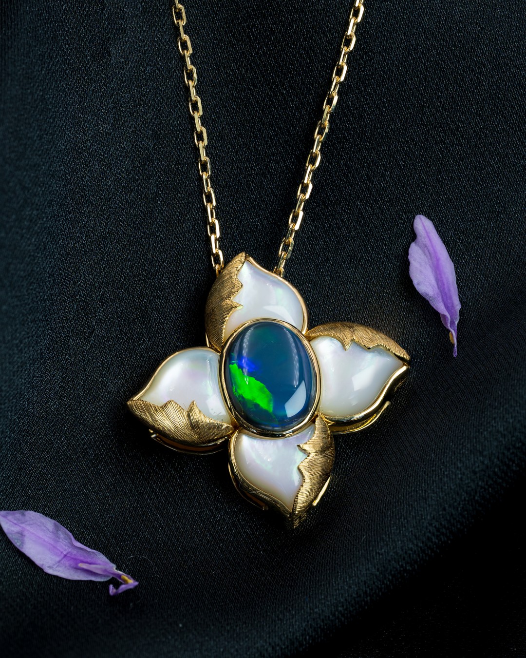 Black Opal & Pearl Clover Pendant - Image 2