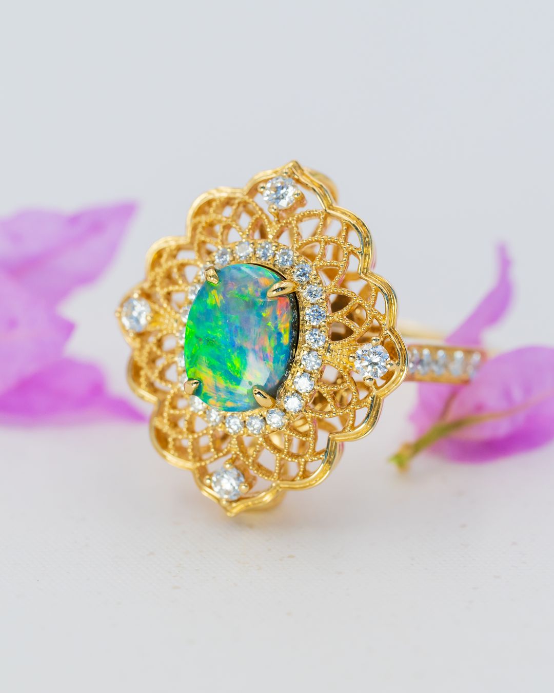 Black Opal Flower Silk Ring