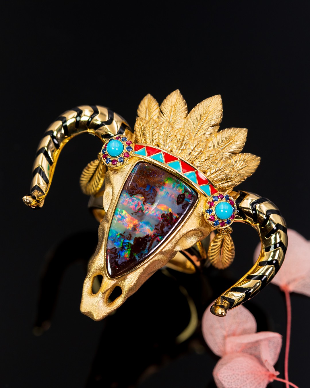 Buffalo Skull Opal Mask Brooch