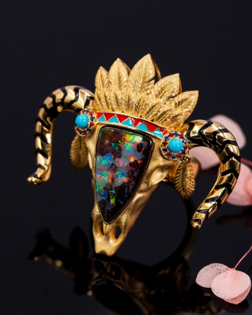 Alternative view of Buffalo Skull Opal Mask Brooch