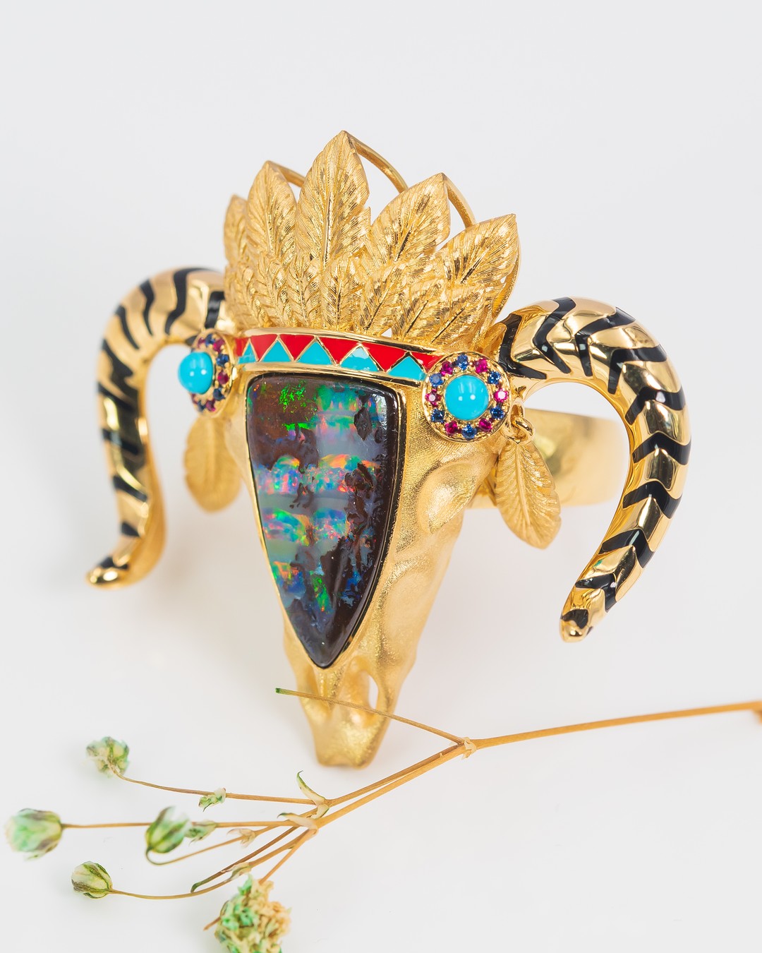 Buffalo Skull Opal Mask Brooch - Image 3