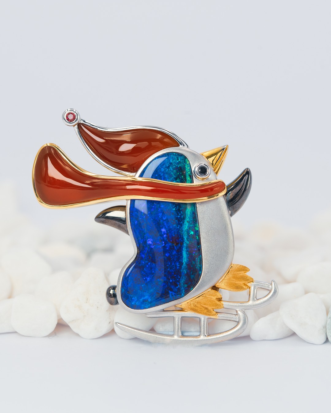 Skating Penguin Opal Brooch